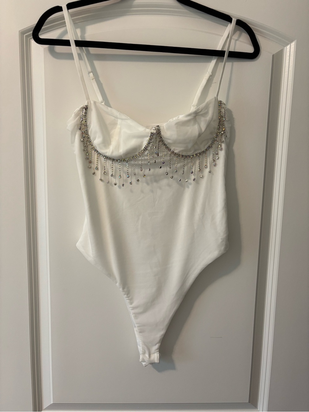 White Embellished Rhinestone Fringe Bodysuit
